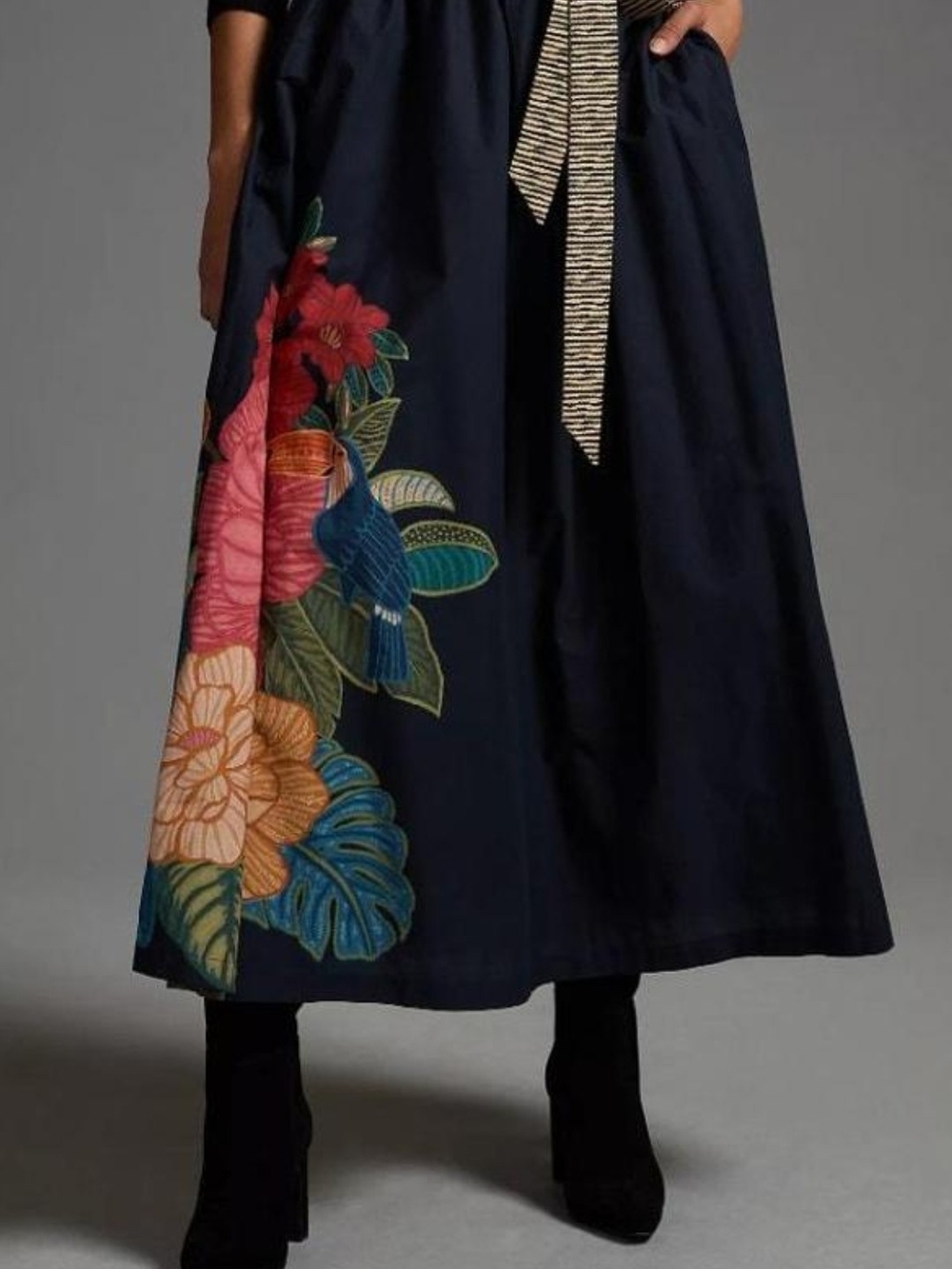 FARM Rio for Anthropologie Navy Tropical Parrot Floral Paperbag Maxi Skirt - Picture 7 of 7